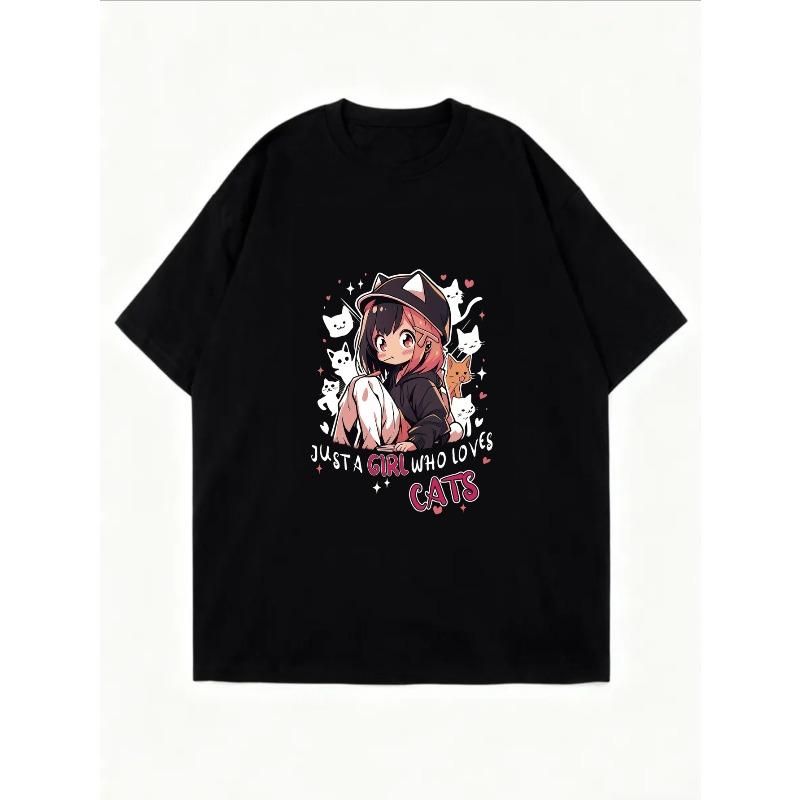 Белая футболка оверсайз с принтом аниме-девушки и кошек, текст Just A Girl Who Loves Cats для повседневной носки