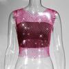 Leqoel Sexy Mesh Out Backless Tank Hollow Summer Rhinestones Tops New Fashion Party See Through Fishnet Crop  for Women