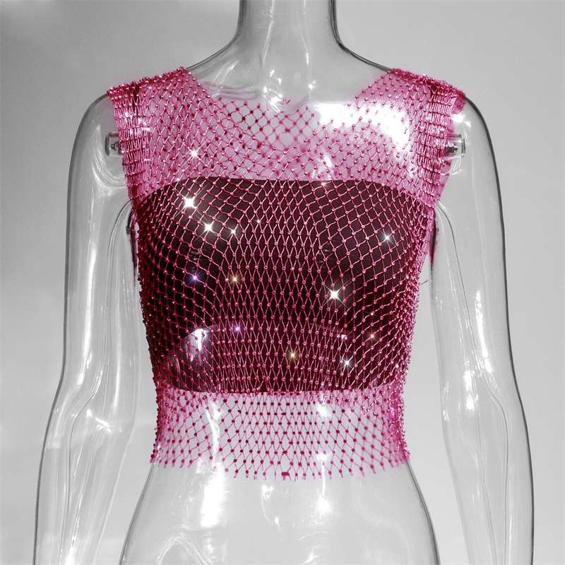 Leqoel Sexy Mesh Out Backless Tank Hollow Summer Rhinestones Tops New Fashion Party See Through Fishnet Crop for Women