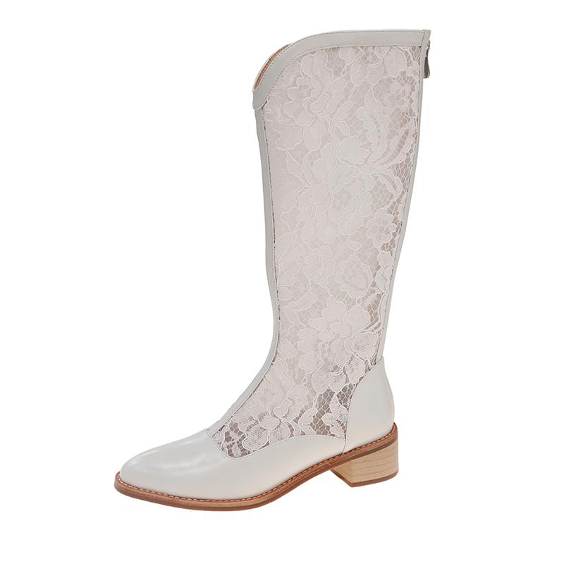 Дизайнерские кружевные ажурные женские ботфорты до колена, модные облегающие туфли на толстом каблуке, летние женские дышащие длинные ботильоны