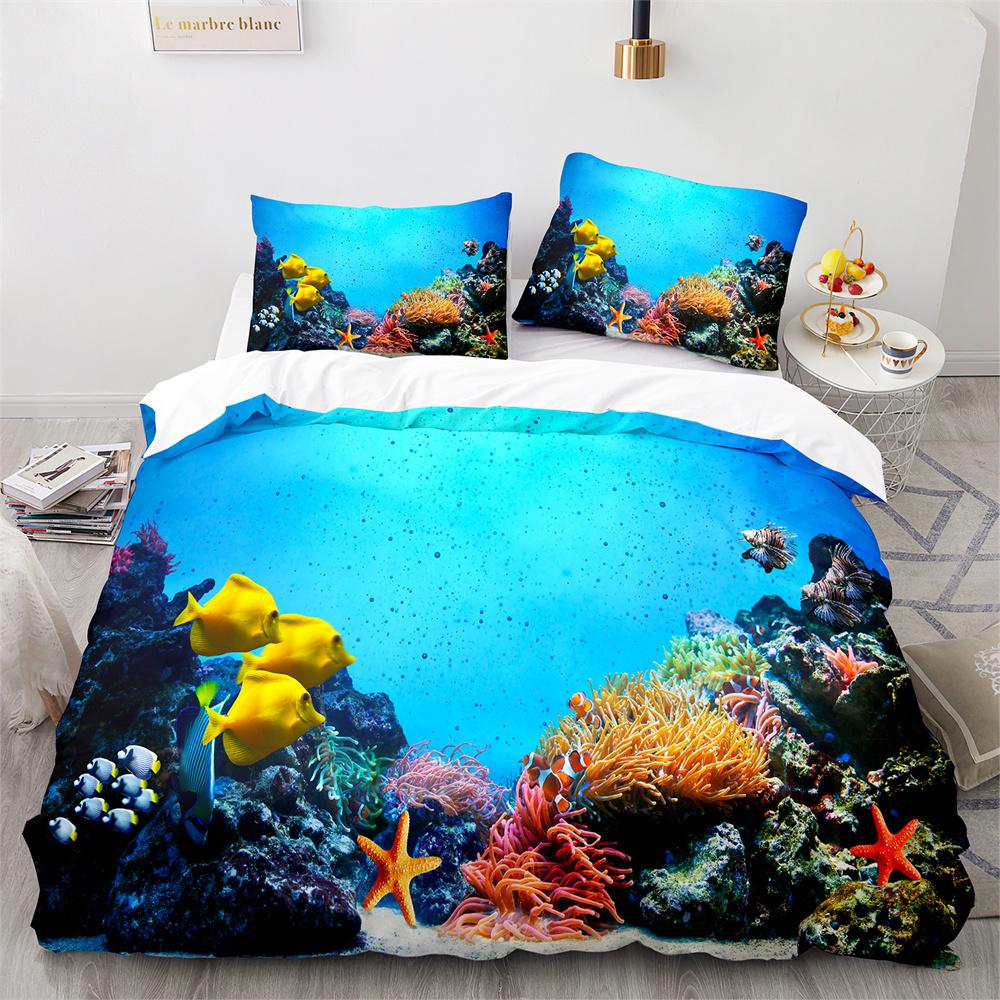 Пододеяльник Подводный мир Кинг Квин Синий Океан Акула Комплект постельного белья для детей Морское животное Коралл Рыба 2/3 предмета Полиэстер Пододеяльник