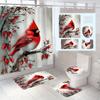 4pcs Red Bird Pattern Waterproof Shower Curtain With 12 Hooks Non-Slip Bathroom Rug Toilet U-Shape Mat Toilet Lid Cover Pad