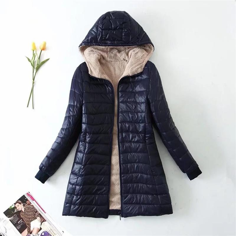 Women Mid-length Hooded Fleece Jacket Autumn Winter Lightweight Plush Lining Solid Ladies Parka Loose Female Zipper Outwear