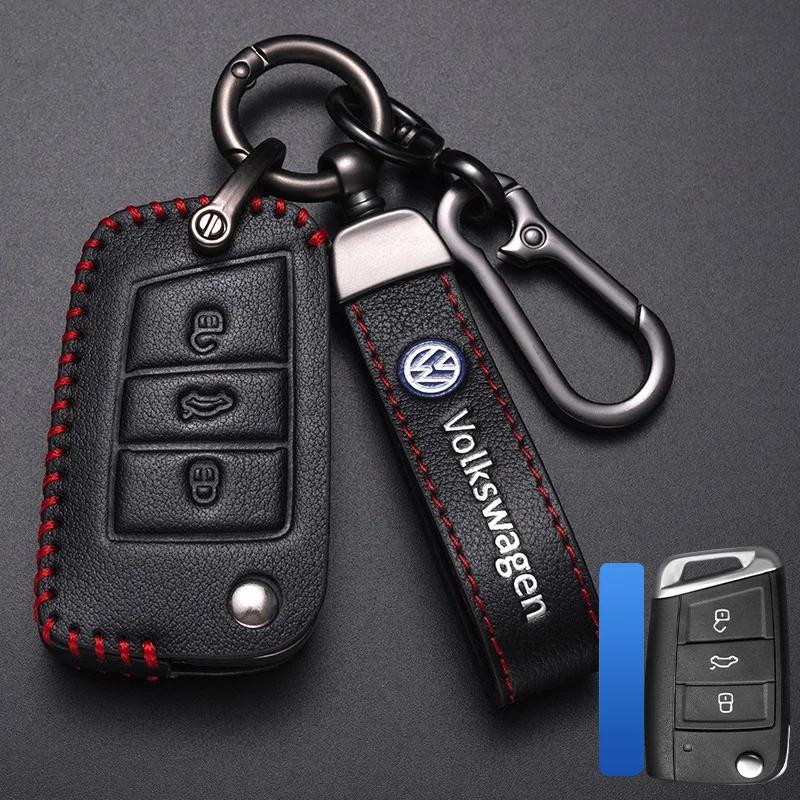 Valve Stems Caps For VOLKSWAGEN VW Leather Car Remote Key Case Cover Protection Holder Shell Fob For VW Volkswagen Golf 7 MK7 Ti PY2