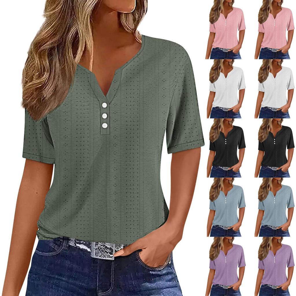 Women's T Shirt Tee Casual V-neck Short-sleeved T-shirt Solid Button Top