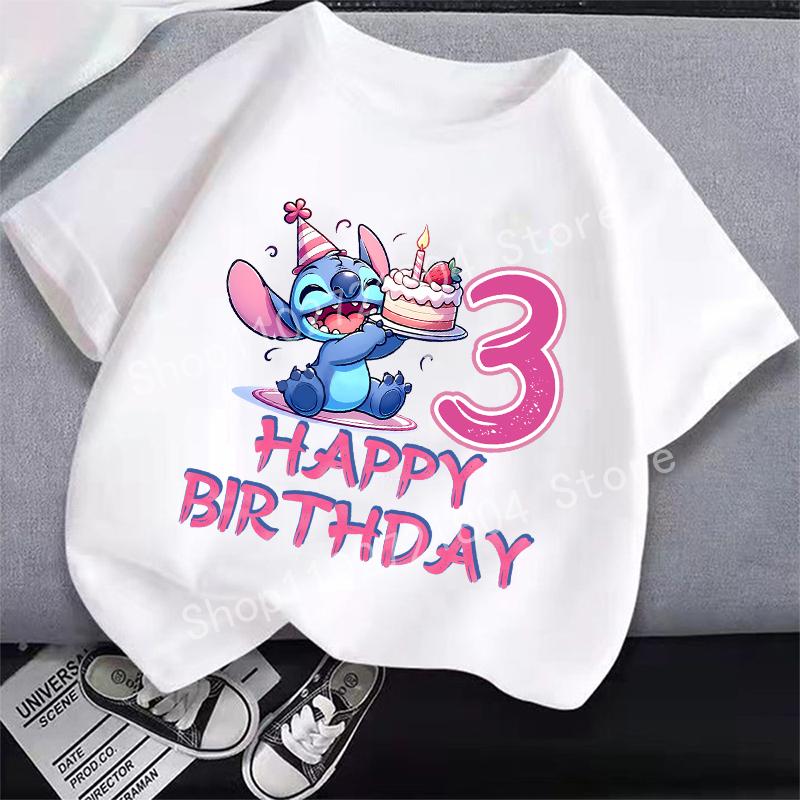 Футболка с номером Stitch, короткий рукав, мультяшный принт, круглый вырез, одежда для девочек, милые хлопковые аниме топы, модные подарки на день рождения