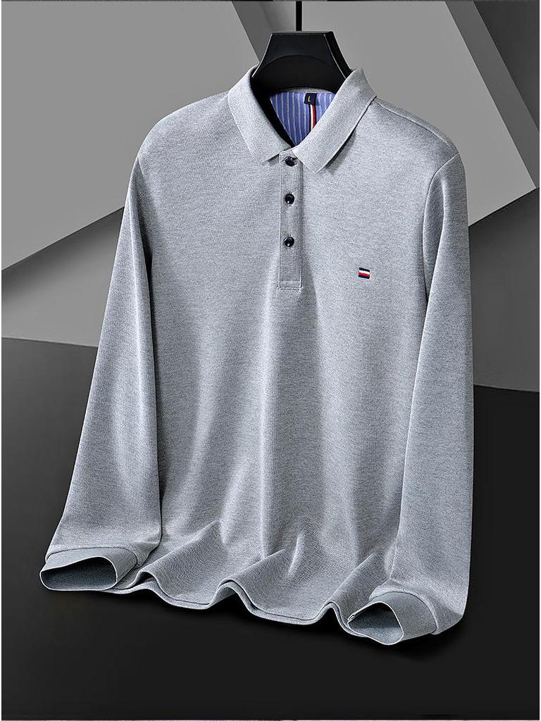 Men's Fleece-Lined Turn-Down Collar Long-Sleeve Polo Shirt - Autumn/Winter Casual Embroidered Warm Top