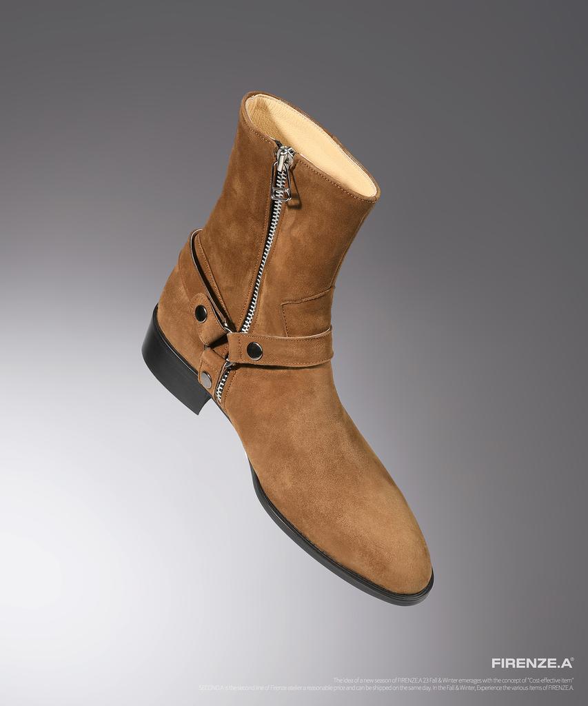 Firenze Atelier Slim Toe Velcro Line Suede Zip-Up Boots 3344-Qs [Mid Brown]