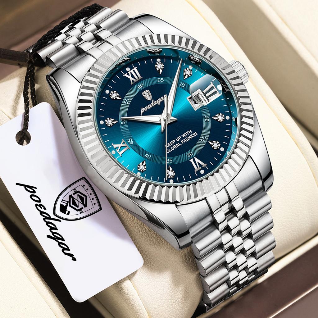 POEDAGAR Top Original Men Watch Waterproof Luminous Date Fashion Male Clock Stainless Steel Business Men's Quartz Watches Reloj