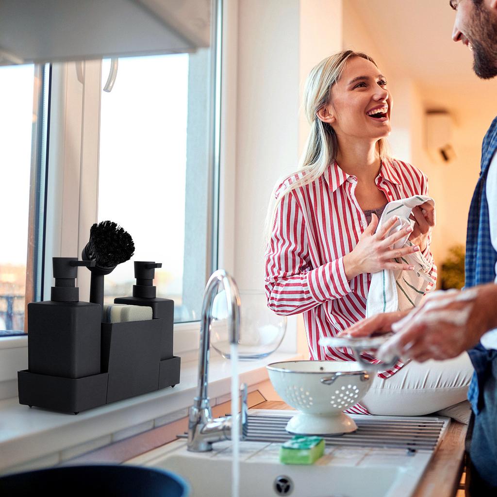 Kitchen Soap Dispenser With Sponge Holder And Dishwasher Brush Tray Storage Box