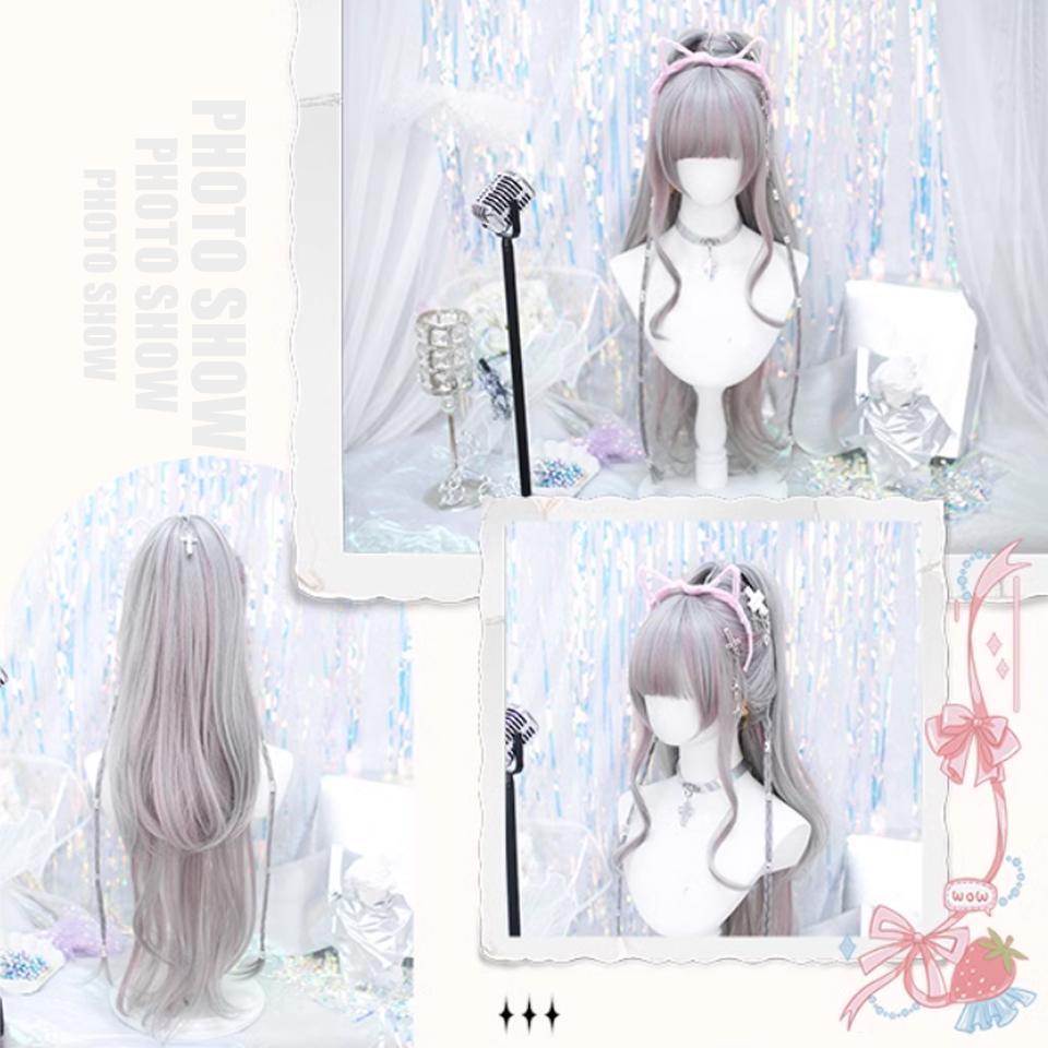 Серые блики розового цвета длинные вьющиеся синтетические парики женские панк-стиль Лолита прямые челки длинные вьющиеся волосы парик для косплея вечеринки