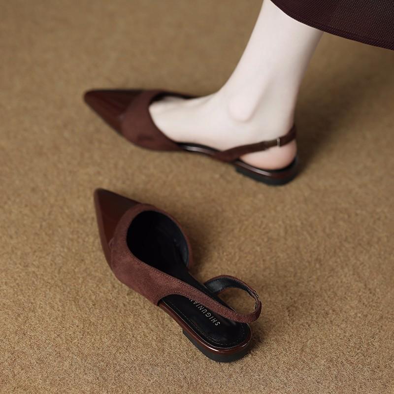 Весна Новые Женские Сандалии Мода Острый Носок Мелкие Слипоны Платье Мюли Обувь Тонкий Низкий Каблук Слингбэк Сандалии