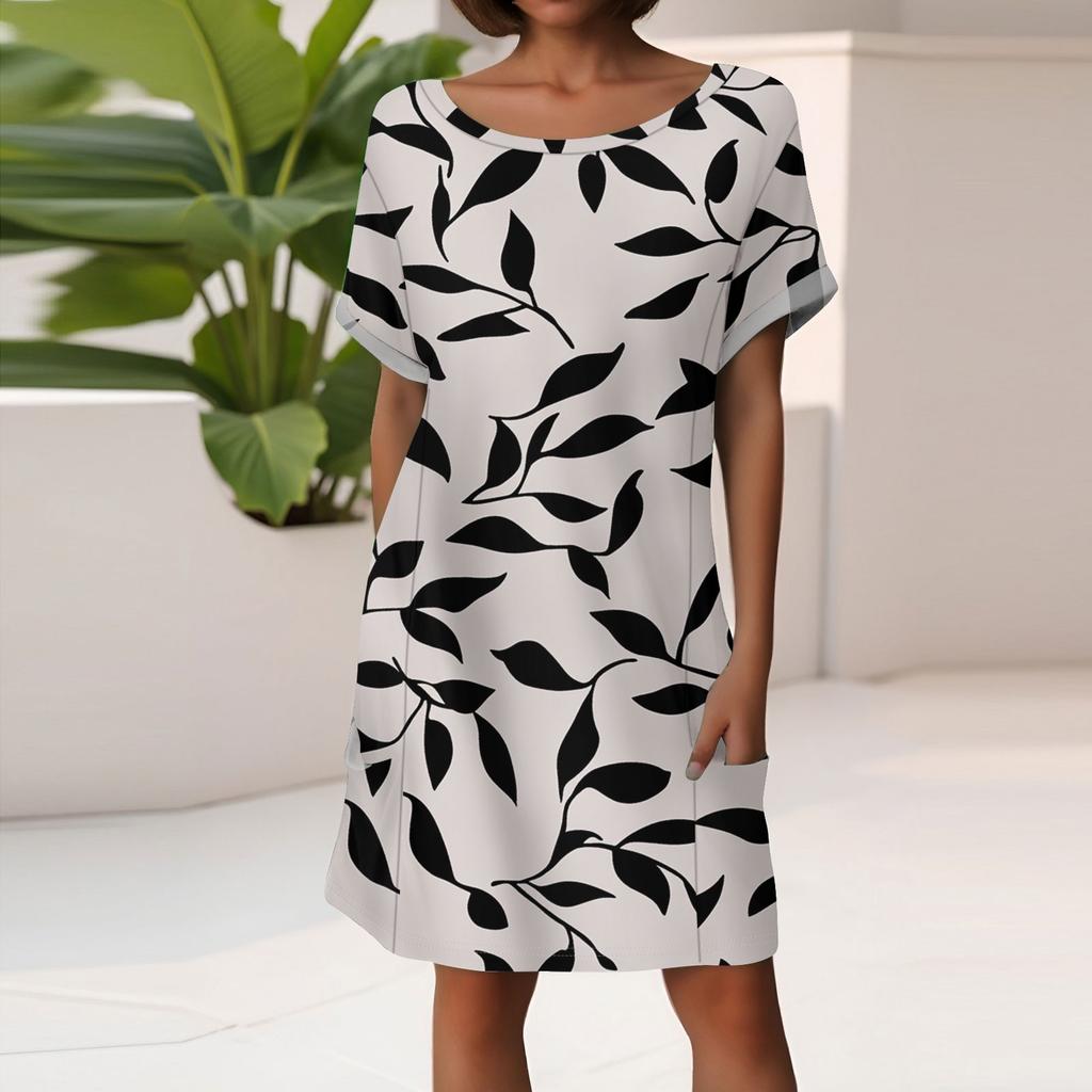 Women's Fashion Short Sleeve Dress With Pockets Floral Print Casual Beach Dress