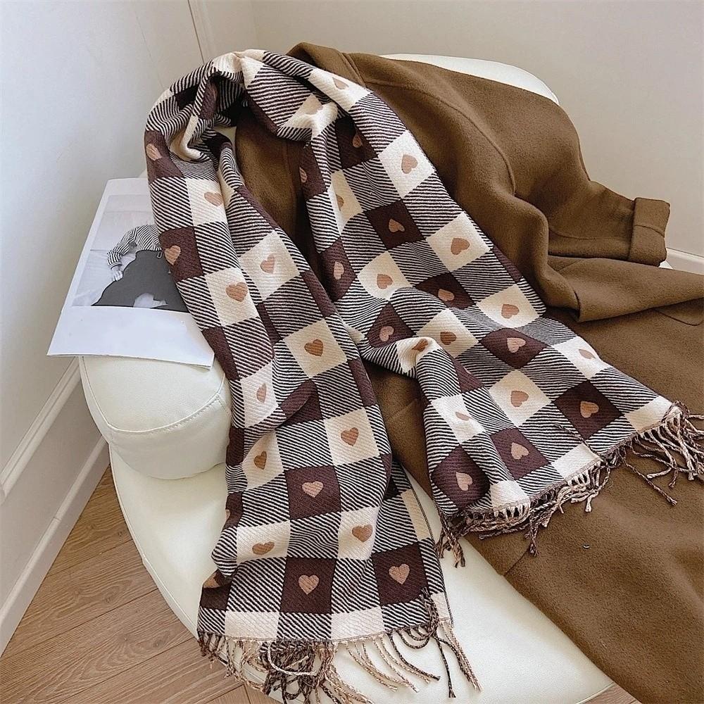 Love Heart Plaid Neck Warmer Coldproof Tassel Neckerchief New Imitation Cashmere Shawl Women