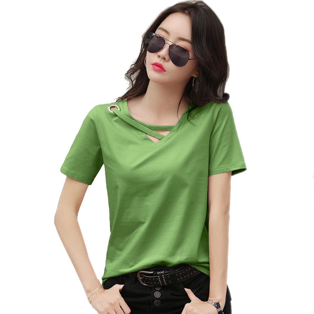 Женская летняя рубашка свободного кроя с V-образным вырезом и короткими рукавами, однотонная повседневная рубашка