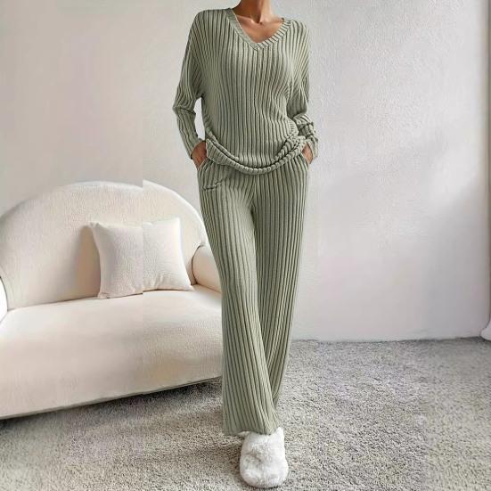 2 шт./комплект женский весенний комплект для поездок на работу топ и штаны комплект с V-образным вырезом длинный рукав топ с высокой талией спортивный костюм эластичная повседневная одежда одежда для сна