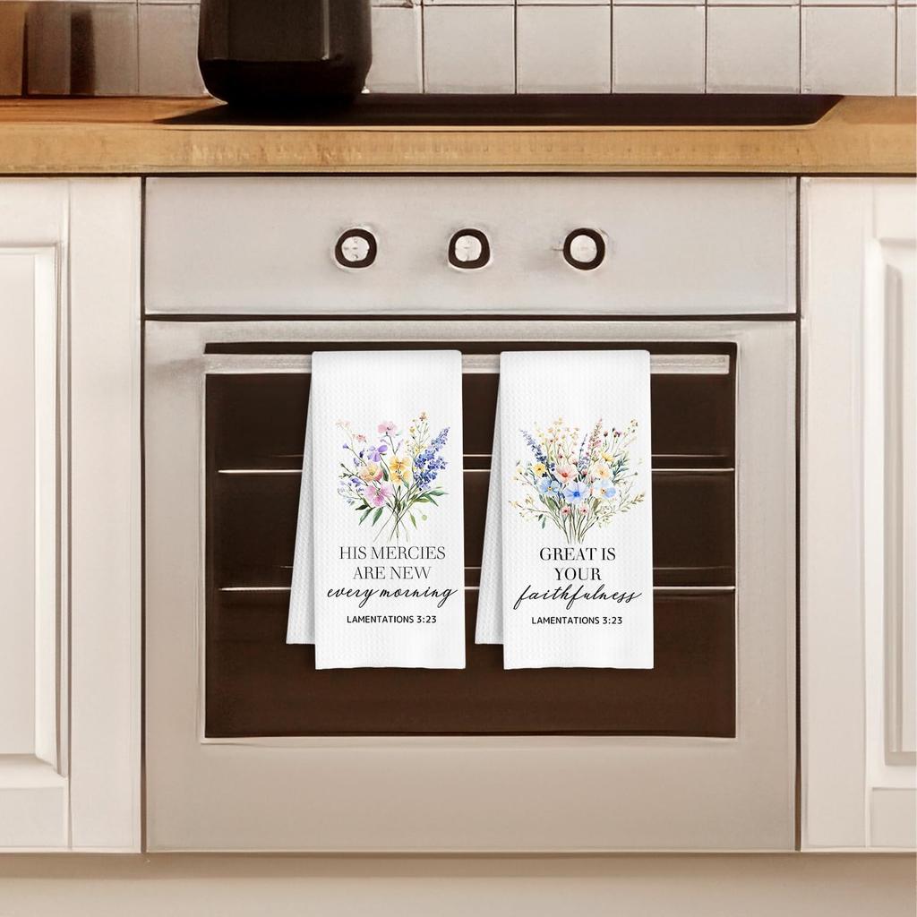 Floral Christian Kitchen Towels, Lamentations 3:23 Bible Verse Dish Towels, Christian Gifts for Women, Faith Based Gifts Hand Tea Towel for Bathroom