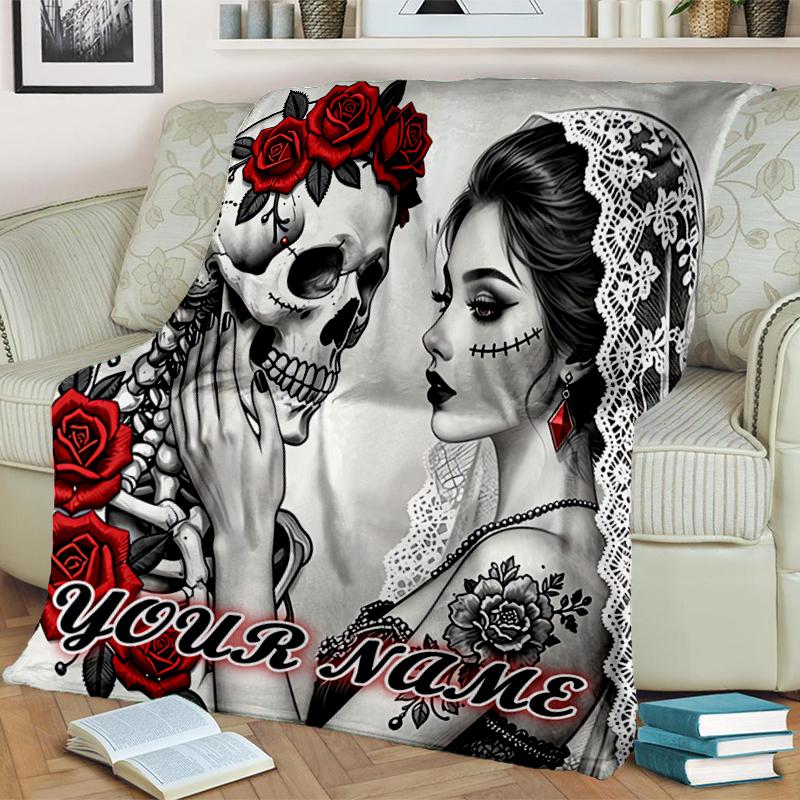 1PC Custom Name Day Dead Romance flannel blanket versatile,all-season throw suitable for the living room,bedroom,camping,travel,and gift