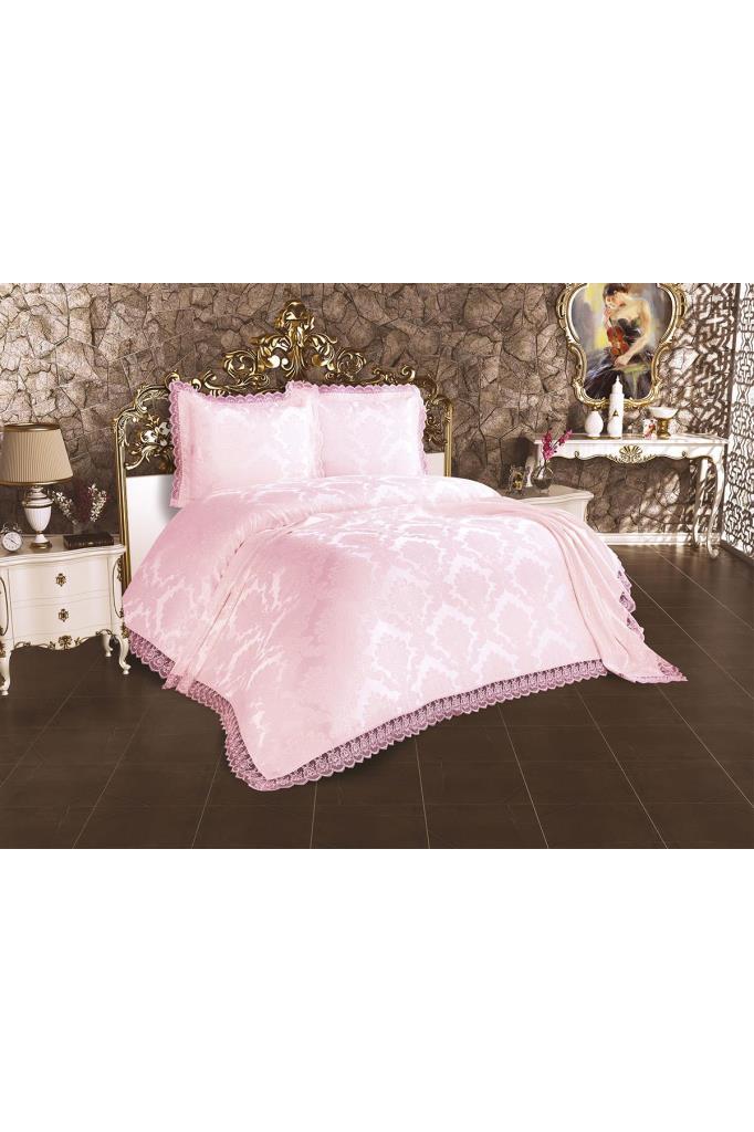 Lalezar Комплект покрывала из синели, покрывало 235x250 с наволочкой, жаккардовая ткань, полный размер, двойной размер розовый