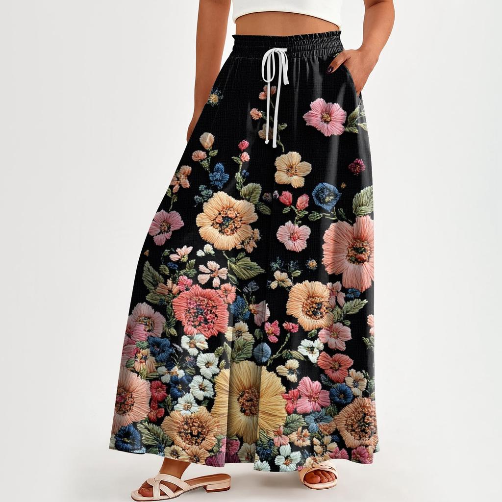 Женские брюки с высокой талией и карманами, повседневные брюки с цветочным принтом