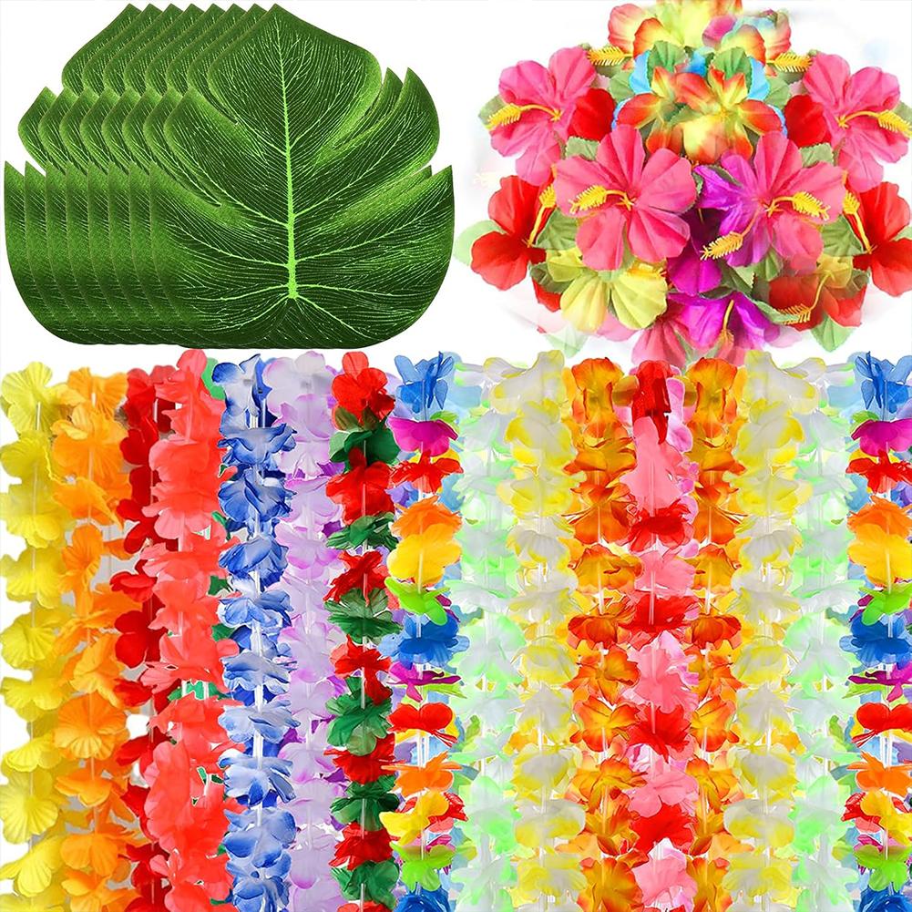 70 Pcs Hawaiian Luau Leis Decorations Supplies -Hibiscus Flowers Necklace Simulation Leaf Tropical Party Decoration Supplies