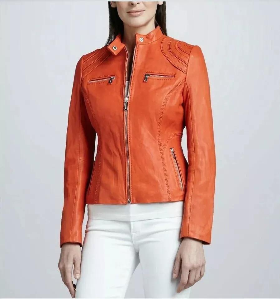 Новая женская куртка оранжевого цвета ручной работы из натуральной кожи ягненка стильная байкерская