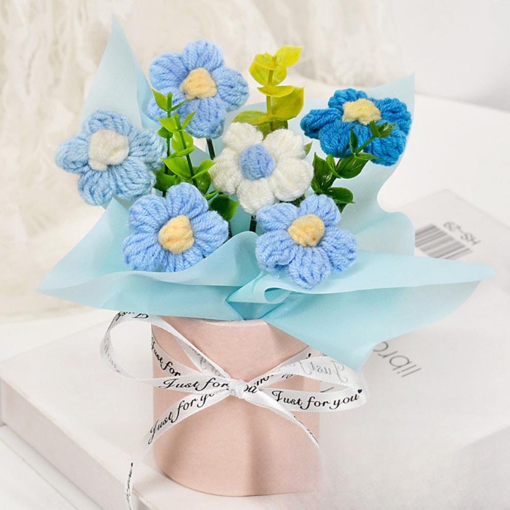 Finished Crochet Flowers Bouquet Cream Puffs Flower Handmade Artificial Flowers Decor Knitted Flower Bouquet