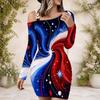 Women Plus Size One Shoulder Long Sleeve Bodycon Mini Dress American Flag Eagle Printed