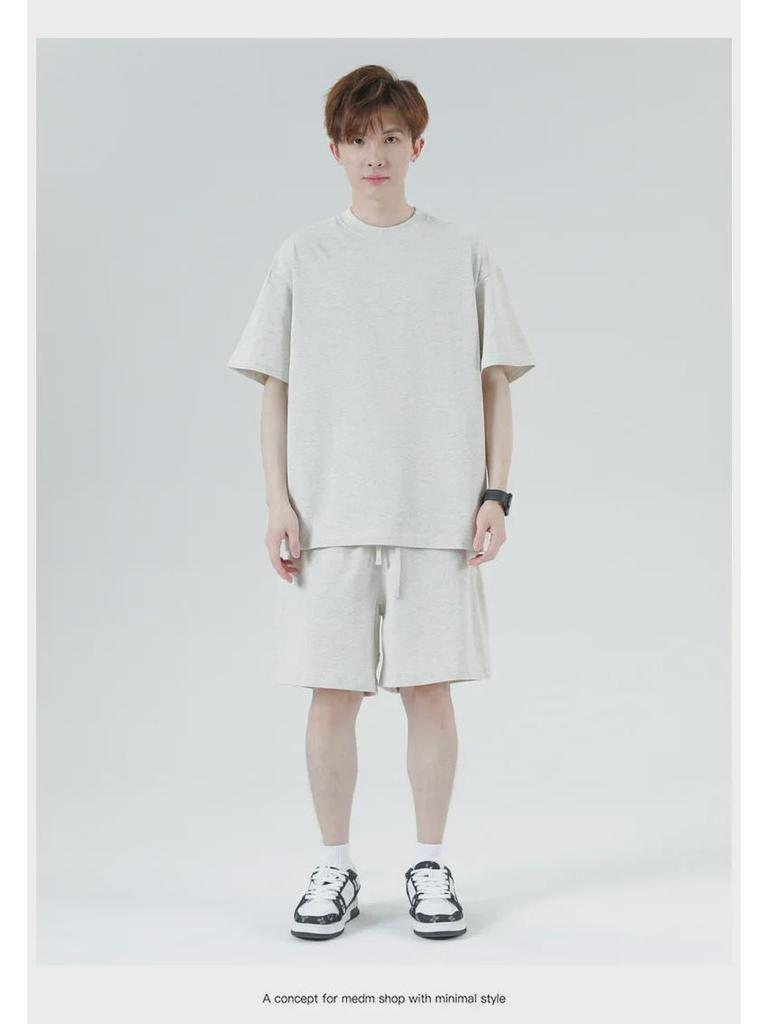 Мужская футболка High Street Trendy из японского плотного хлопка, 275 г, короткие рукава, свободный крой, небольшой воротник, однотонный цвет.