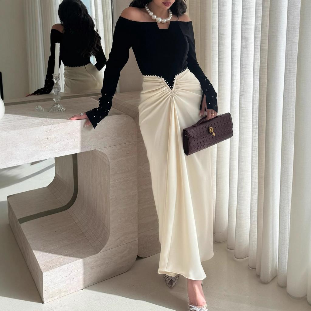Fall Winter Elegant Color-block Pearl Bodycon Evening Dress for Women, European American Style Party Gown for Crossborder Dropshipping