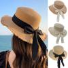 Wide Brim Flat Top Straw Hats Spring Summer Women's Sun Hat Ins Bow Ribbon Straw Hat  Girls