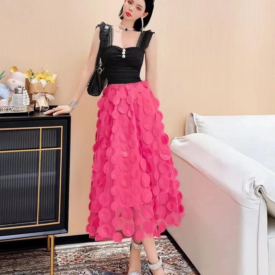 Women's European-Style Black Midi Skirt - 2025 High-End Mesh A-Line Umbrella Design