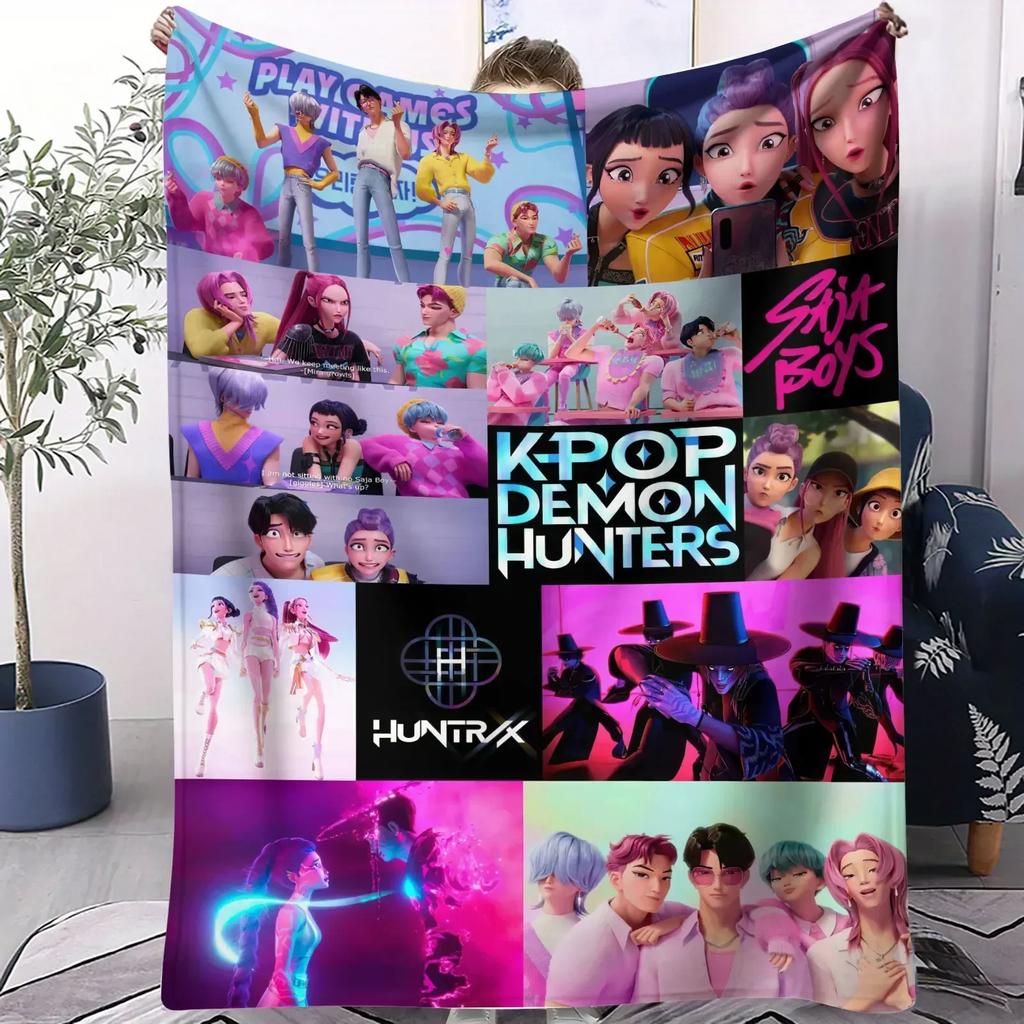 K-Pop Huntrix & Saja Boys Плед Горячий Аниме Мягкий Теплый Фланелевый Плед Для Путешествий Кемпинга Покрывало на Диван Кровать Декор Гостиной Подарок Фаната
