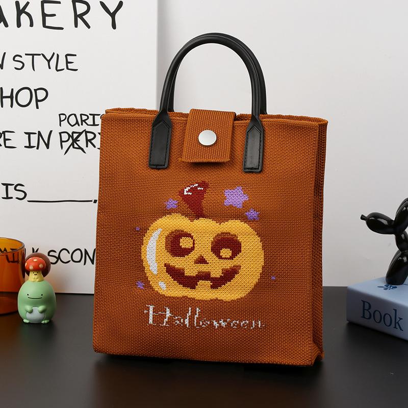 Halloween Themed Knitted Handbag Cartoon Ghost Pumpkin Print Shoulder Crossbody Bag Women Casual Phone Pouch Halloween Gift Bag