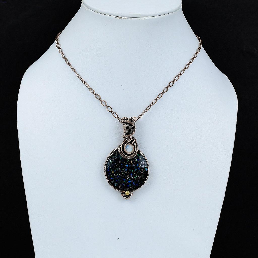 Подвеска из черного эфиопского опала, подвеска из медной проволоки, подвеска из радужного лунного камня, подвеска из драгоценного камня, ювелирное изделие ручной работы из меди, подарок на годовщину