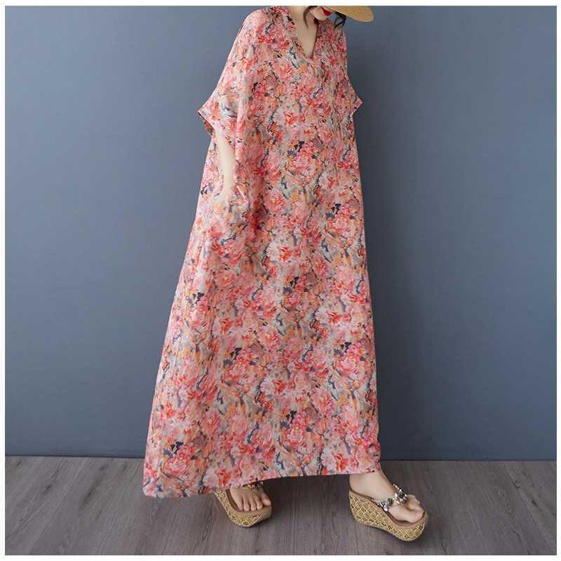Women's Vintage Long Dress with Cotton and Linen Patterns