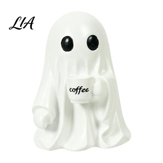 Cute Resin Ghost Figurines Halloween Figurine, Tabletop Ornament with Black Cat And Whimsical for Coffee Cup Decor Home Office Bookshelf