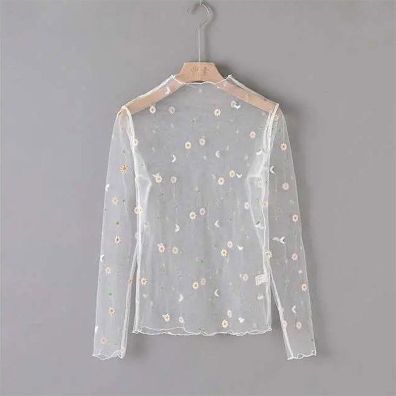 Women T Shirt See Through Transparent Mesh Tops Long Sleeve Sheer Turtleneck