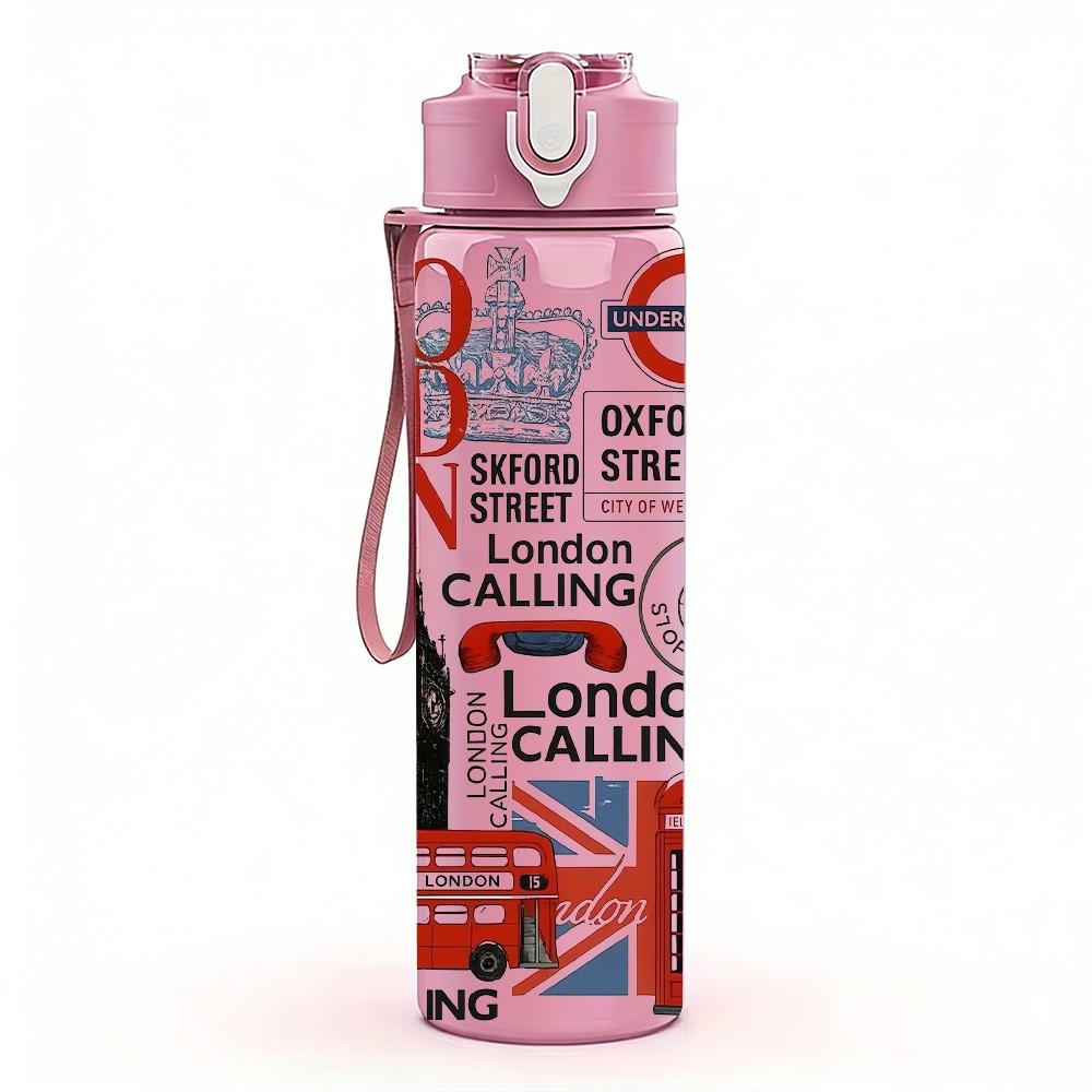 1PC London City Stamp Collage Pattern 750ml Color Plastic Sports Water Bottle Leakproof Flip Straw Lid Suitable for Sports Office Home Use