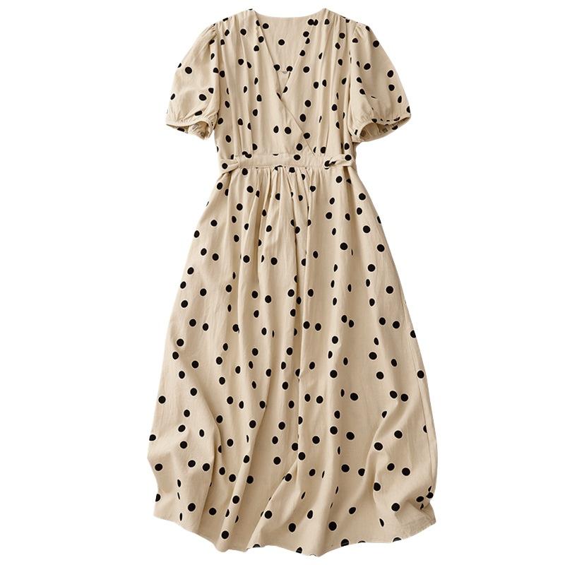 Retro Medium and Long Polka Dot Dress for Women's 2025 Spring and Summer New Waist and Thin Gentle Wind V-neck A-shaped Skirt