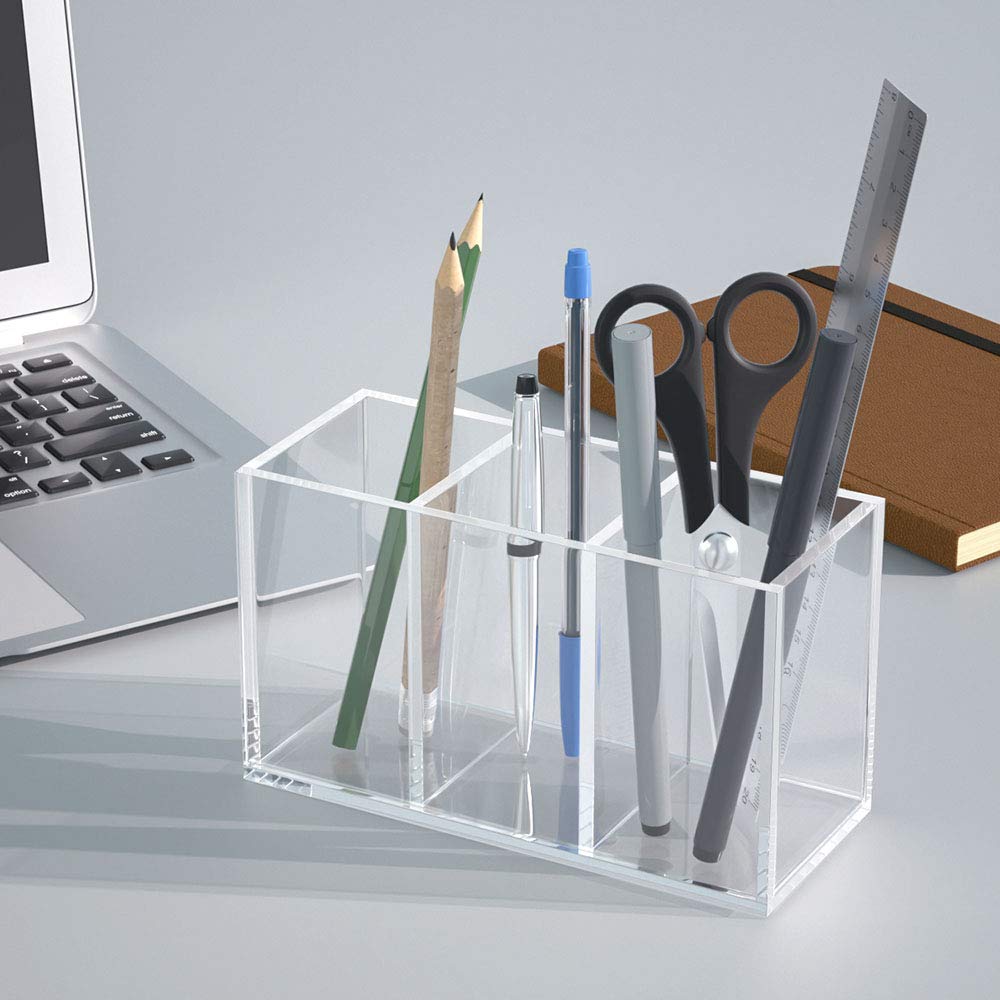 NIUBEE Pen Holder, 3 Compartments, Clear Acrylic, Pen Stand, Cosmetic Storage Box, Desktop Storage for Stationery, Makeup Brushes, and Other Small