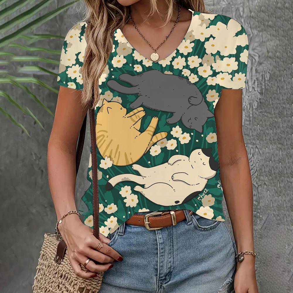 Летняя женская одежда Футболка Повседневная Свободная футболка с коротким рукавом с рисунком кота и комиксами Модная одежда с V-образным вырезом Элегантная женская футболка