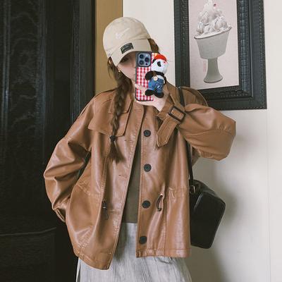 Весенняя коричневая черная кожаная женская однобортная свободная куртка большого размера с завязками на талии