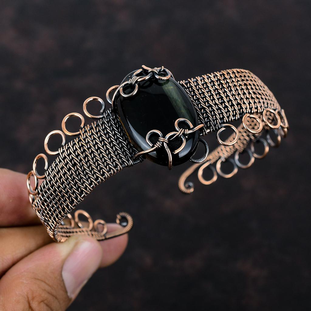 Браслет-манжета из неллита, обмотанный медной проволокой, с драгоценным камнем, регулируемый браслет-манжета, браслет-манжета ручной работы, украшение из медной проволоки с неллитом, подарок для жены