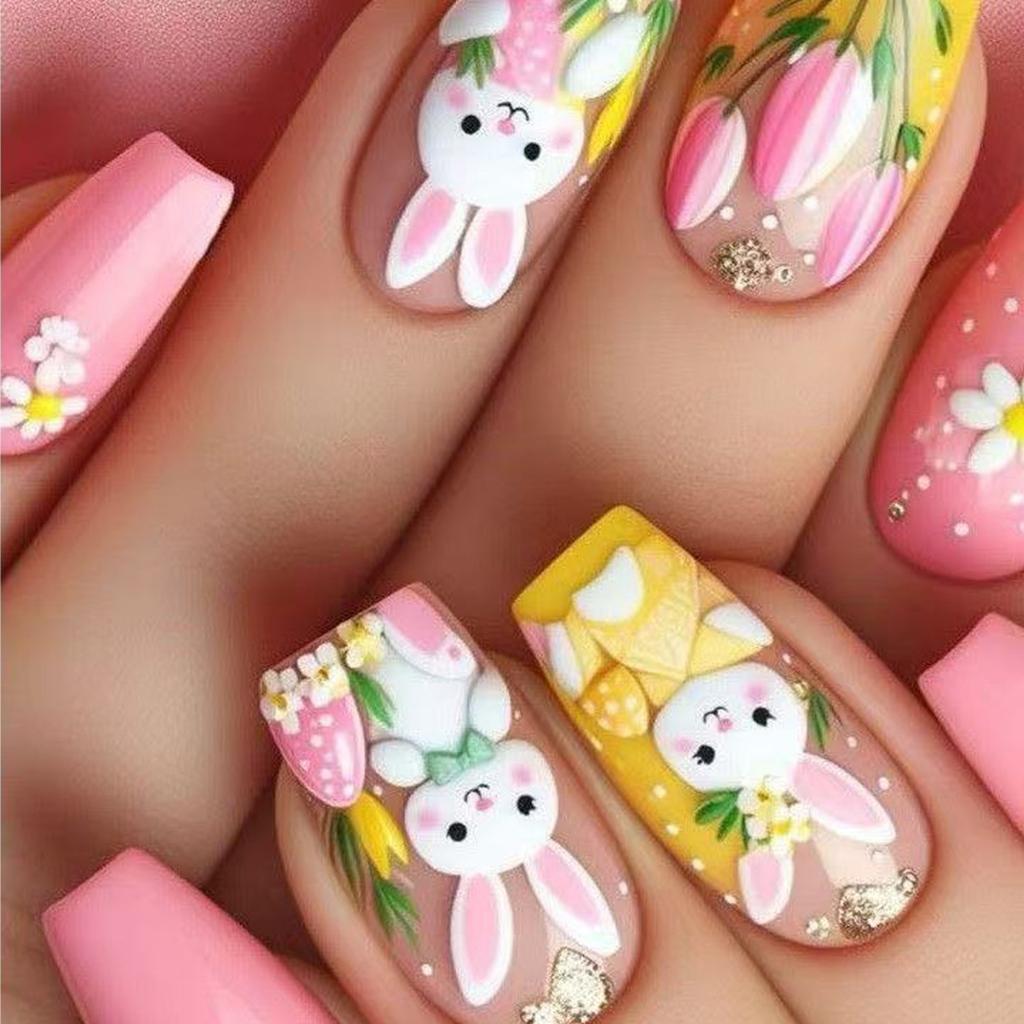 Квадратные накладные ногти, накладные ногти, пасхальные накладные ногти, искусственные акриловые ногти, 24 шт., накладные ногти для женщин и девочек