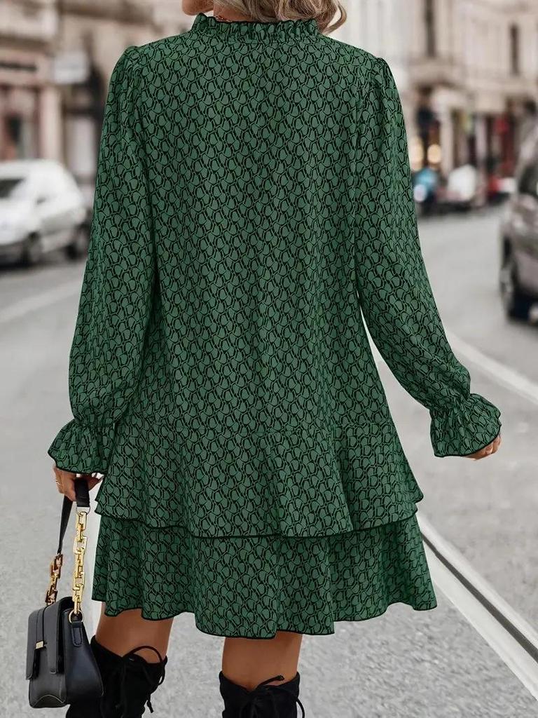 Элегантное женское платье с V-образным вырезом, принтом, расклешенными рукавами и оборками