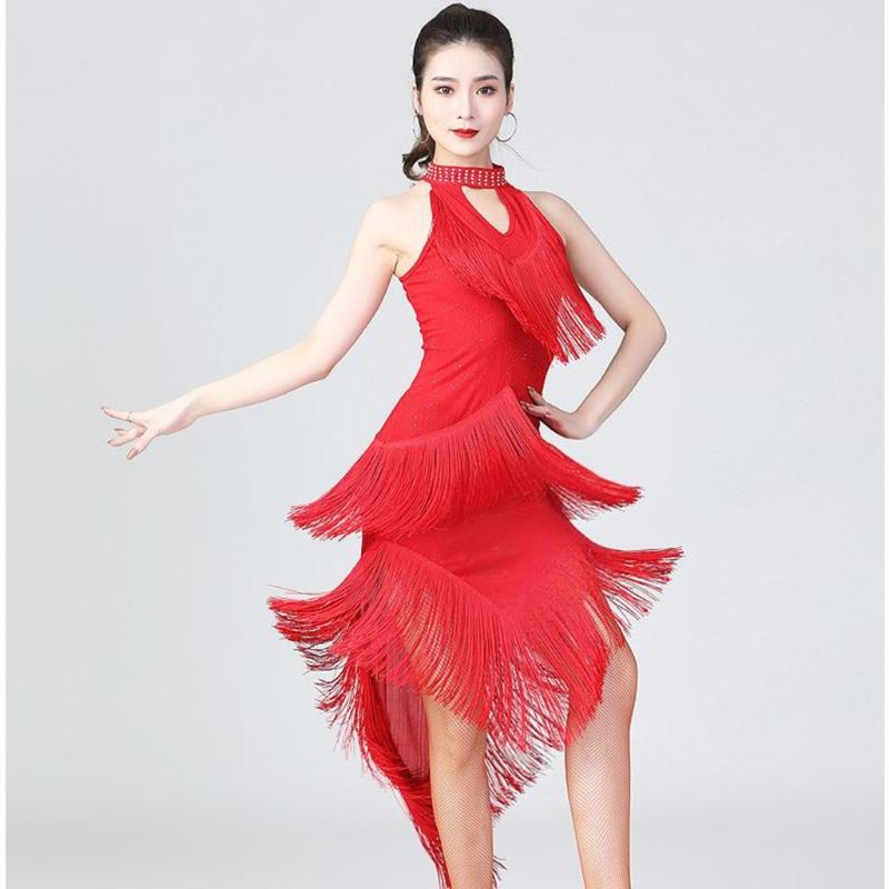 Сверкающий Наряд для Латиноамериканских Танцев из Пайеток Эластичный Сценический Костюм Асимметричный Дизайн Края Одежда для Выступлений Полиэстер