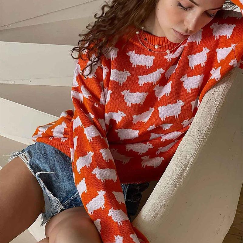 Зимний вязаный свитер с принтом альпаки, женский свободный повседневный свитер с круглым вырезом и длинным рукавом, женский модный повседневный элегантный трикотажный свитер, женский тренд 2024 года