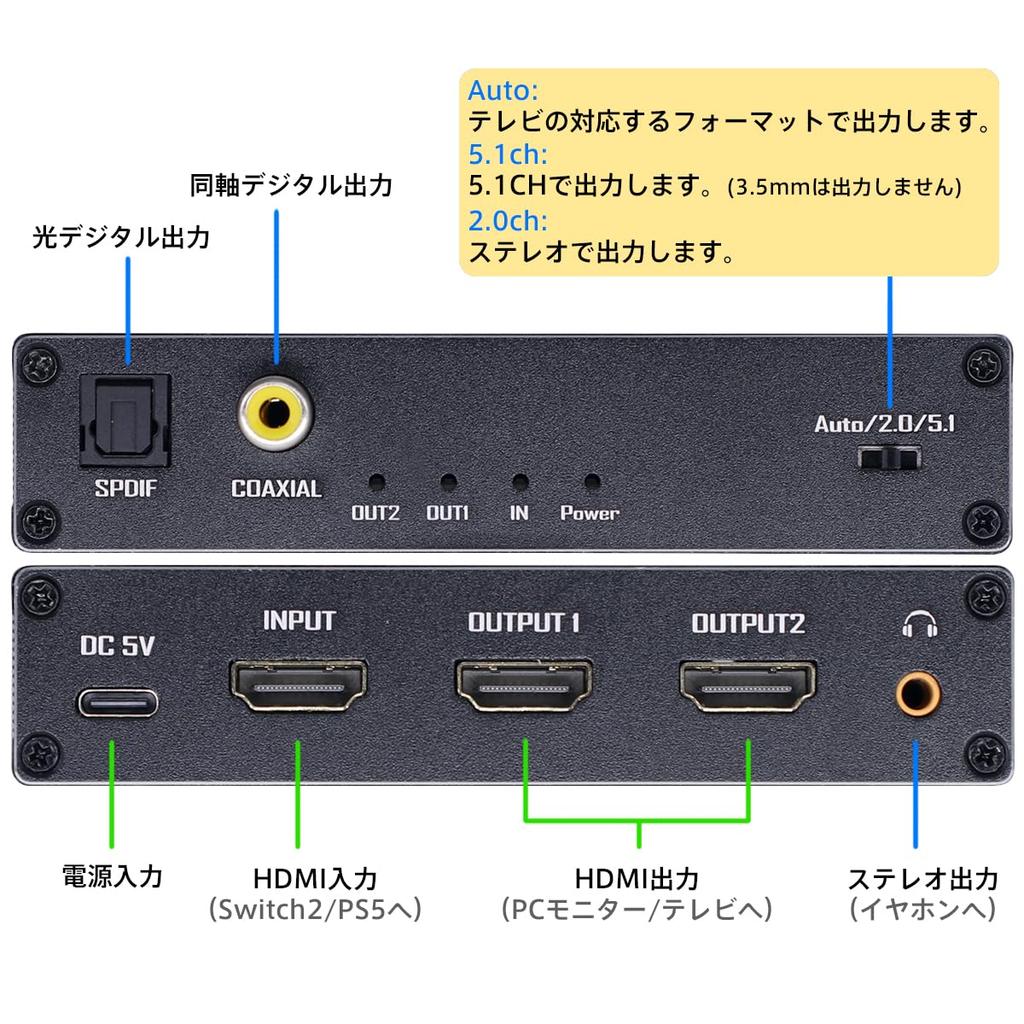 ELEVIEW HDMI Аудио 8K 1 Выход Оптический Цифровой Совместим с Switch Двойной Экран Одновременное Разделение Аудио HDMI Сплиттер, 60 Гц/4K 120 Гц, Вход/2
