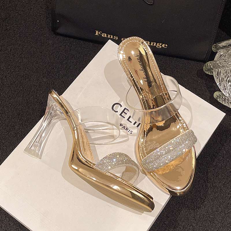 Transparent High Heels Women's Summer Fashion Open-toed Rhinestones with Sandals Sexy Super High Heel Waterproof Table Sandals Outside